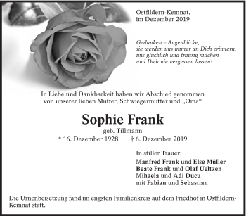 Todesanzeige von Sophie Frank von Trauer.de