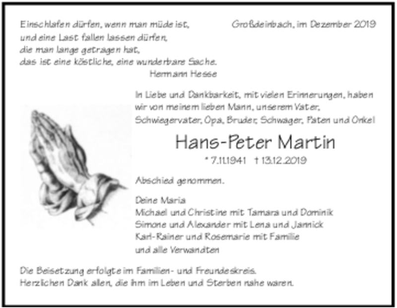  Traueranzeige für Hans-Peter Martin vom 20.12.2019 aus Trauer.de