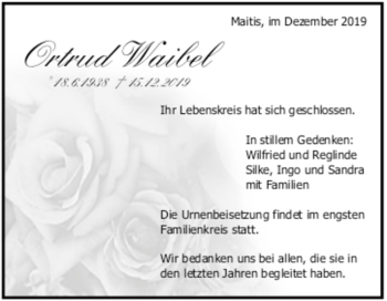 Todesanzeige von Ortrud Waibel von Trauer.de