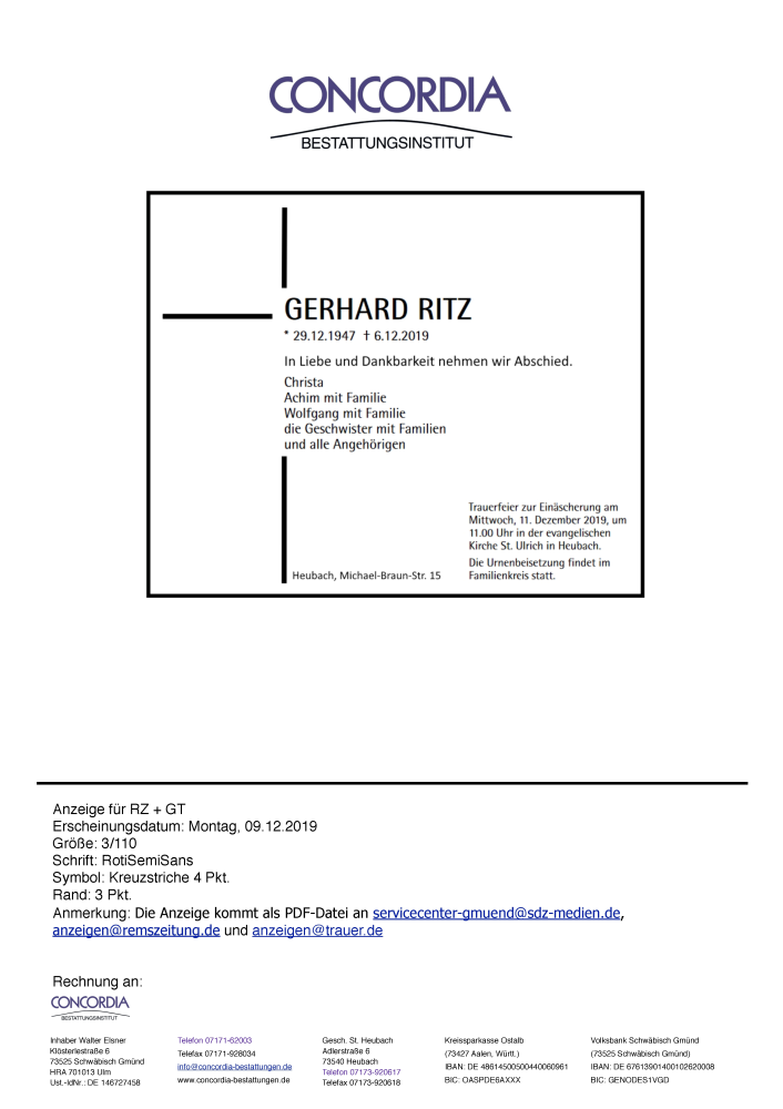  Traueranzeige für Gerhard Ritz vom 08.12.2019 aus trauer.de