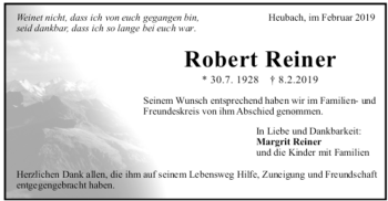 Todesanzeige von Robert Reiner von trauer.de