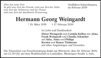 Todesanzeige von Hermann Georg Weingardt von trauer.de