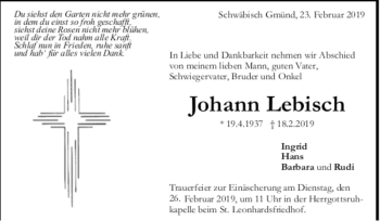 Todesanzeige von Johann Lebisch von trauer.de