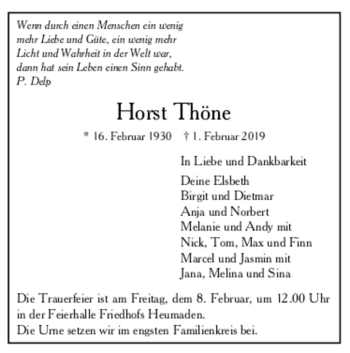 Todesanzeige von Horst Thöne von trauer.de