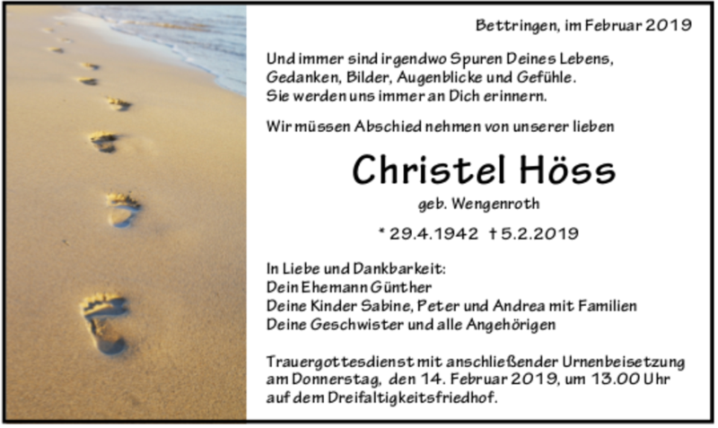 Traueranzeige für Christel Höss vom 09.02.2019 aus Trauer.de