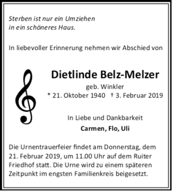 Todesanzeige von Dietlinde Belz-Melzer von trauer.de
