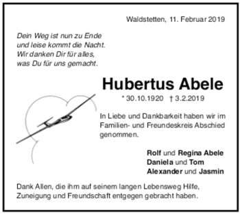 Todesanzeige von Hubertus Abele von trauer.de