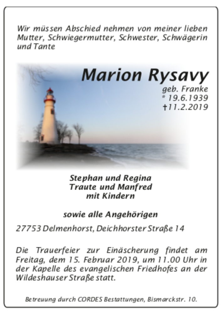 Traueranzeige für Marion Rysavy vom 13.02.2019 aus trauer.de