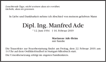 Todesanzeige von Manfred Ade von trauer.de