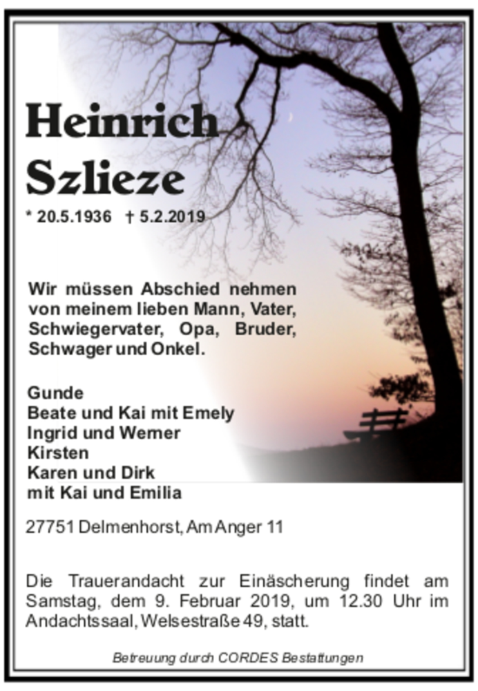  Traueranzeige für Heinrich Szlieze vom 07.02.2019 aus trauer.de