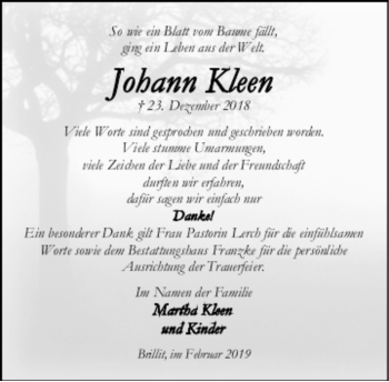 Todesanzeige von Johann Kleen von trauer.de