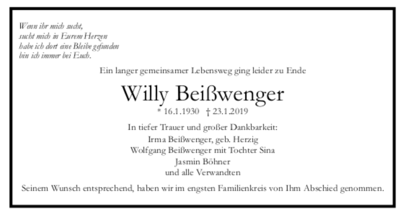  Traueranzeige für Willy Beißwenger vom 06.02.2019 aus trauer.de