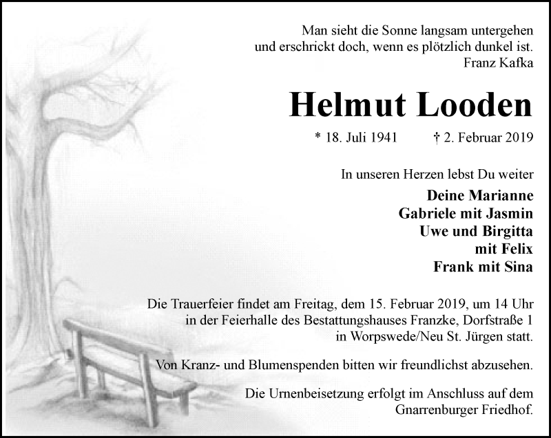  Traueranzeige für Helmut Looden vom 09.02.2019 aus Trauer.de
