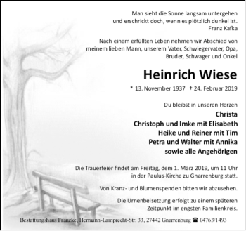 Todesanzeige von Heinrich Wiese von trauer.de