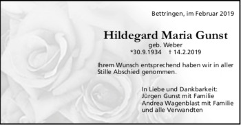 Todesanzeige von Hildegard Maria Gunst von trauer.de