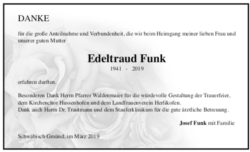  Traueranzeige für Edeltraud Funk vom 30.03.2019 aus trauer.de