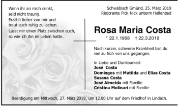 Todesanzeige von Rosa Maria Costa von trauer.de