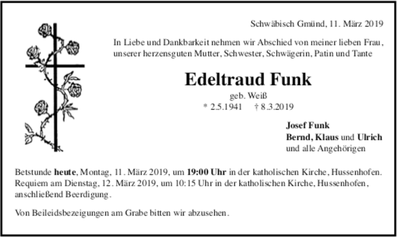  Traueranzeige für Edeltraud Funk vom 09.03.2019 aus trauer.de