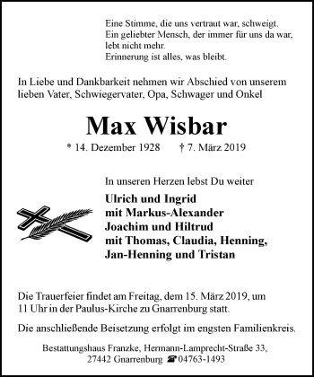 Todesanzeige von Max Wisbar von trauer.de