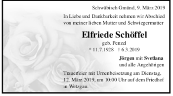 Todesanzeige von Elfriede Schöffel von trauer.de