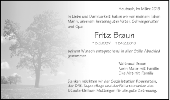 Todesanzeige von Fritz Braun von trauer.de