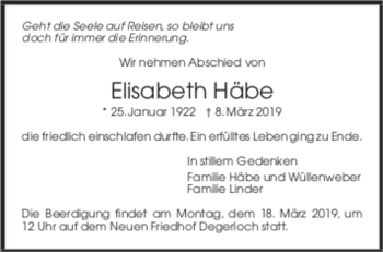 Todesanzeige von Elisabeth Häbe von trauer.de