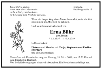 Todesanzeige von Erna Bühr von trauer.de