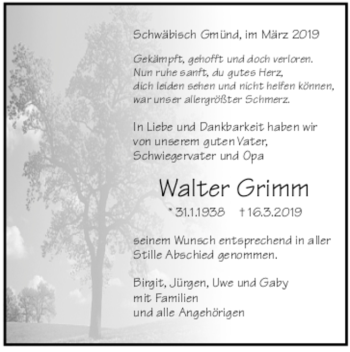 Todesanzeige von Walter Grimm von trauer.de
