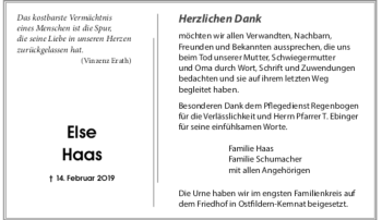 Todesanzeige von Else Haas 