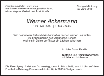 Todesanzeige von Werner Ackermann von trauer.de
