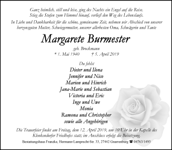 Todesanzeige von Margarete Burmester von Trauer.de