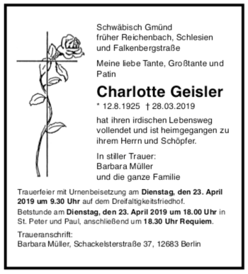 Todesanzeige von Charlotte Geisler von trauer.de