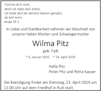 Todesanzeige von Wilma Pitz von Trauer.de