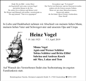 Todesanzeige von Heinz Vogel von Trauer.de
