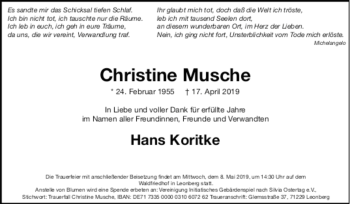 Todesanzeige von Christine Musche von trauer.de