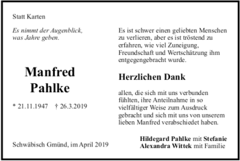 Todesanzeige von Manfred Pahlke von trauer.de