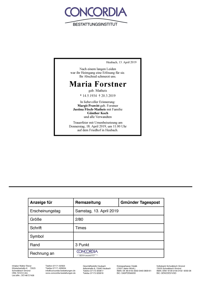  Traueranzeige für Maria Forstner vom 13.04.2019 aus trauer.de