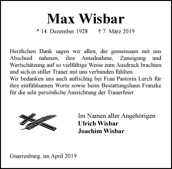 Todesanzeige von Max Wisbar von Trauer.de