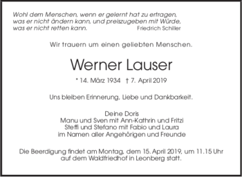 Todesanzeige von Werner Lauser von trauer.de
