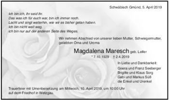 Todesanzeige von Magdalena Maresch von Trauer.de