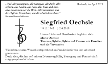 Todesanzeige von Siegfried Oechsle von trauer.de