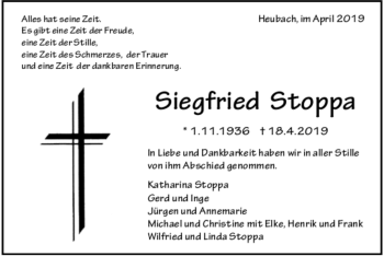 Todesanzeige von Siegfried Stoppa von trauer.de