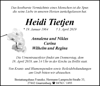 Todesanzeige von Heidi Tietjen von trauer.de