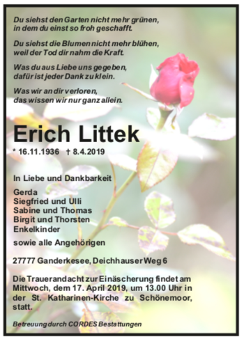 Todesanzeige von Erich Littek von trauer.de