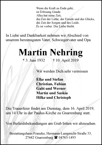 Todesanzeige von Martin Nehring von trauer.de