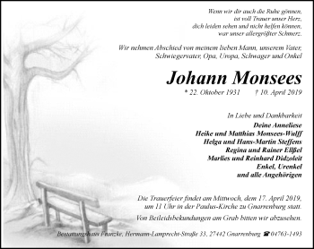 Todesanzeige von Johann Monsees von trauer.de