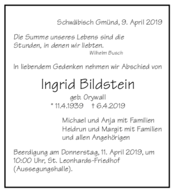 Todesanzeige von Ingrid Bildstein von trauer.de