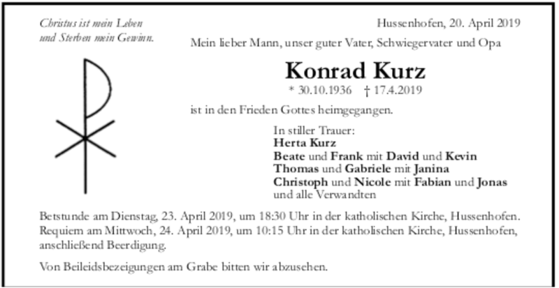  Traueranzeige für Konrad Kurz vom 20.04.2019 aus Trauer.de