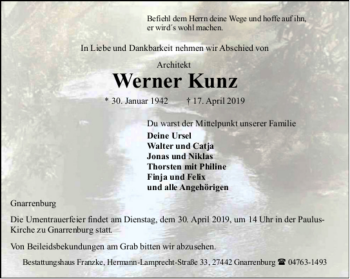 Todesanzeige von Werner Kunz von trauer.de