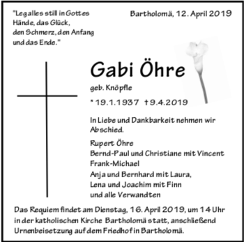 Todesanzeige von Gabi Öhre von trauer.de